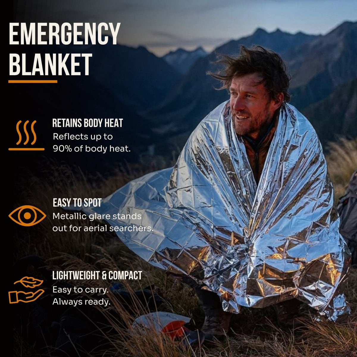 A man wrapped in a reflective silver emergency blanket sits outdoors in a mountain setting at dusk, with text callouts describing the blanket's heat-retention, high-visibility, and lightweight qualities.