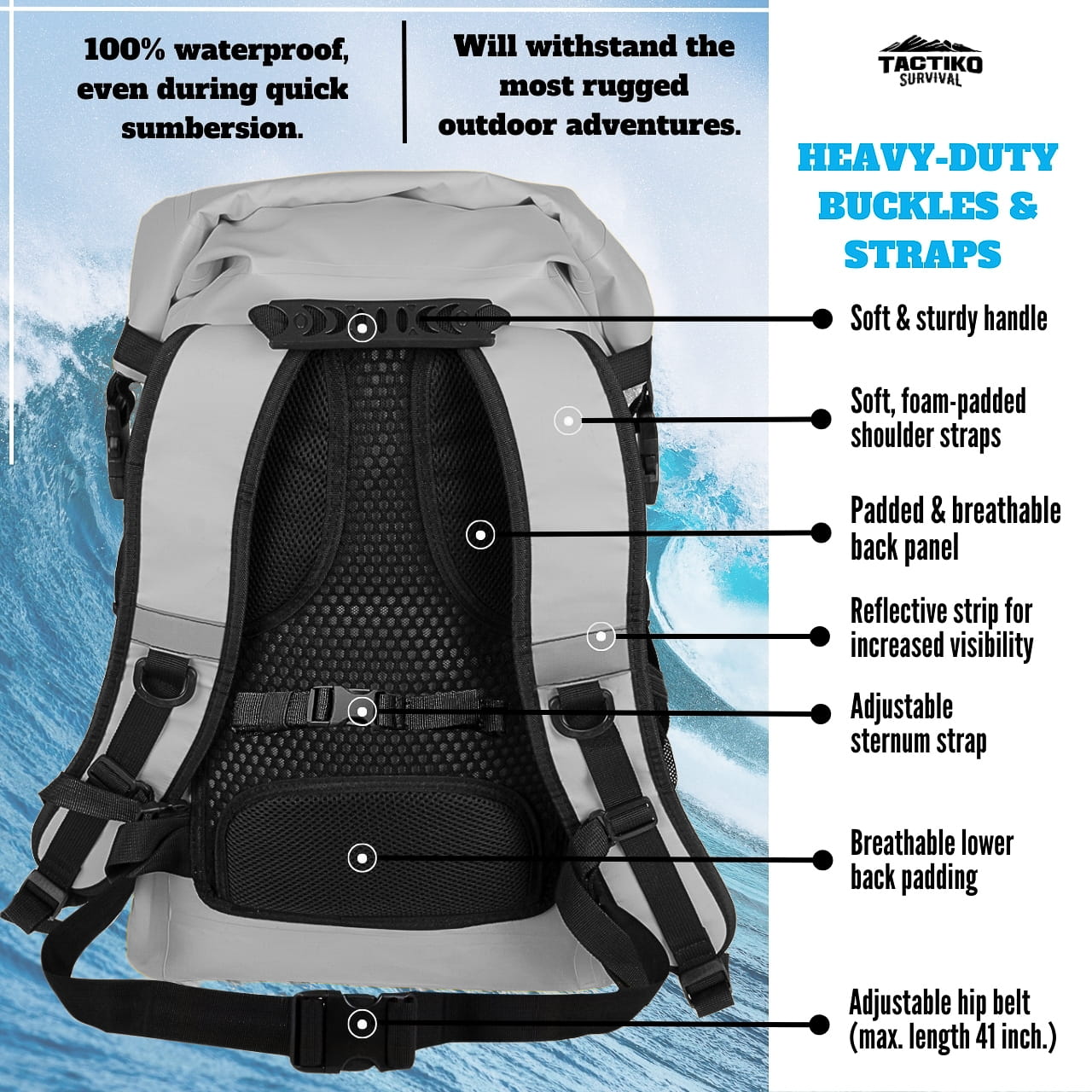 waterproof dry bag backpack with padded straps and back support