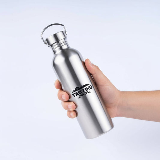 hand holding stainless steel water bottle