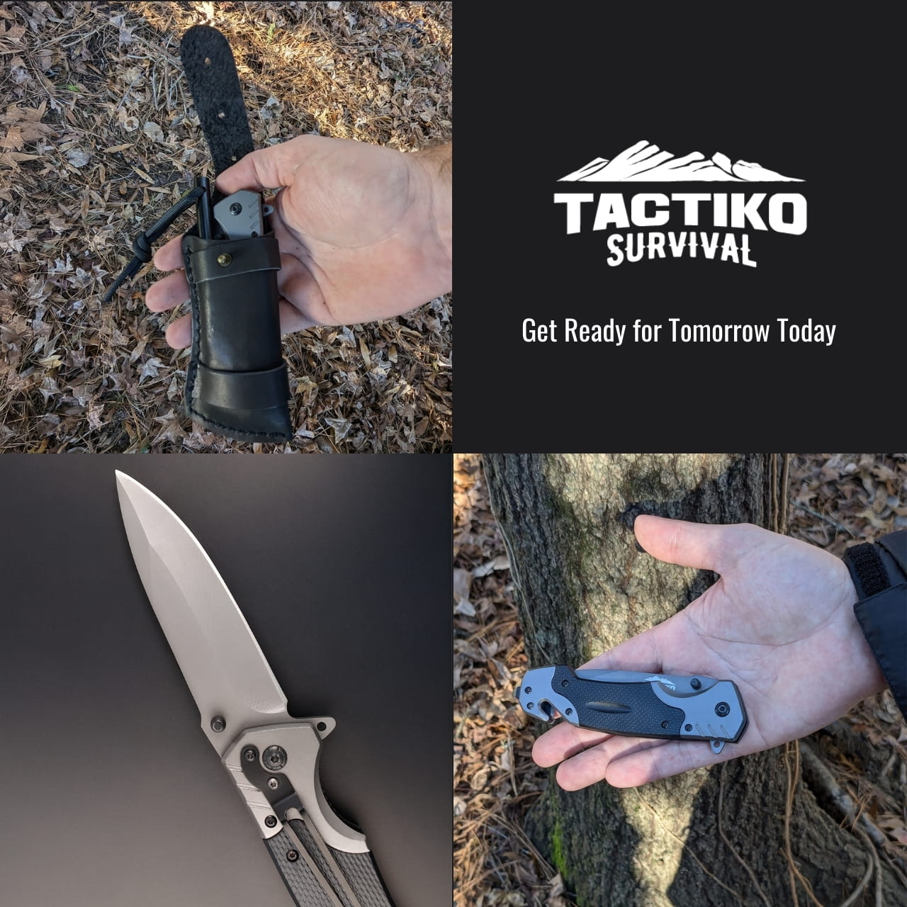 Tactiko folding knife and survival gear collage