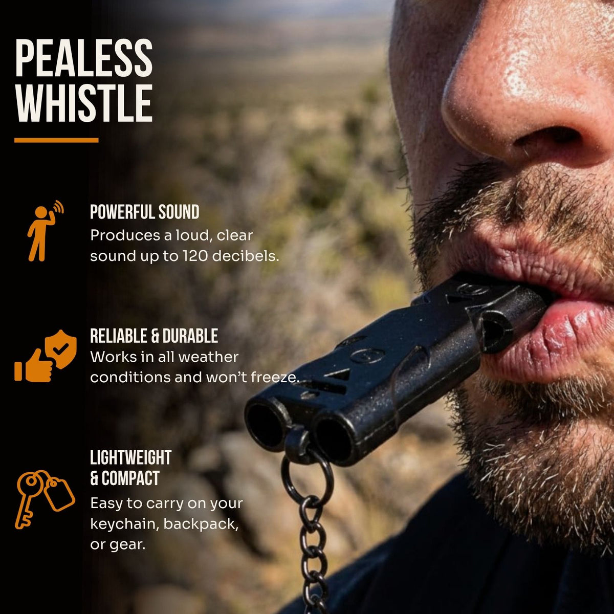 A close-up lifestyle shot of a man holding a black pealess whistle in his mouth, with text callouts on the left highlighting its powerful sound, reliability in all weather, and lightweight, compact design.