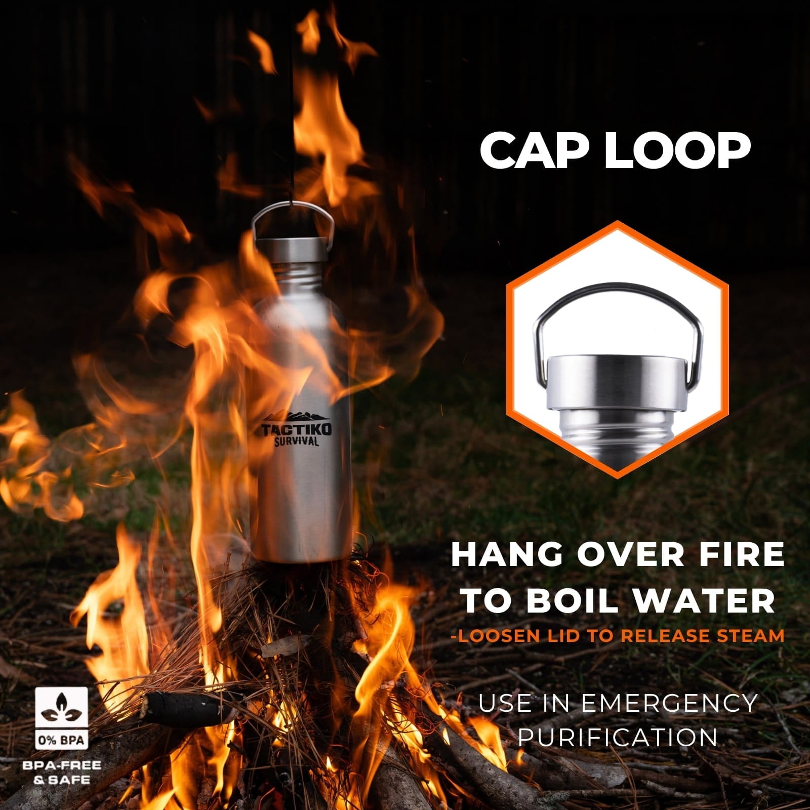 stainless steel bottle over fire boiling water with cap loop