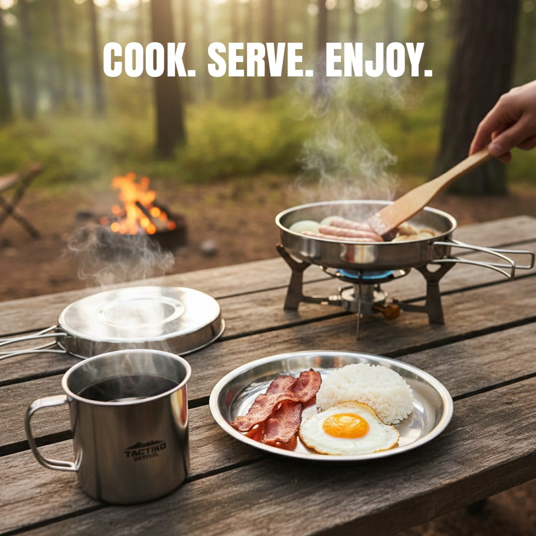 Camping cookware cooking meal over campfire