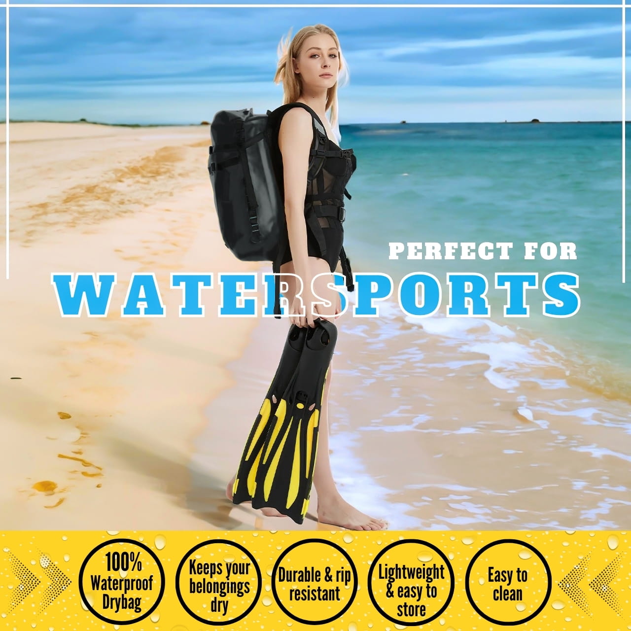 black waterproof dry bag backpack for watersports at the beach