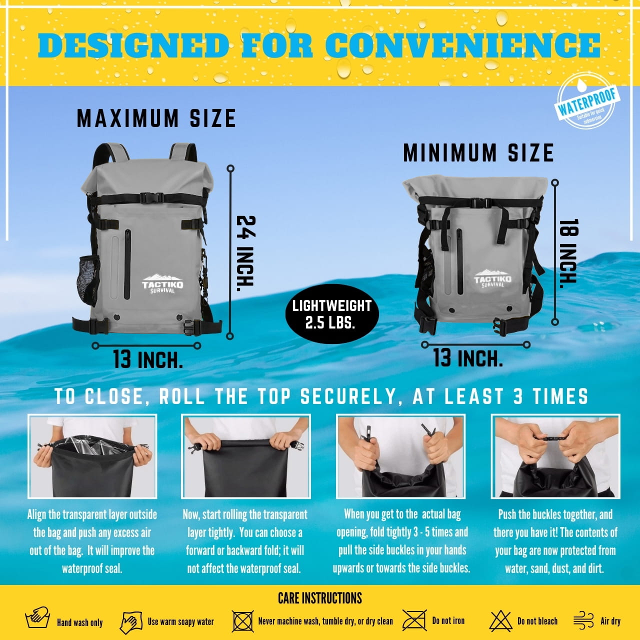 waterproof dry bag size comparison and roll top instructions