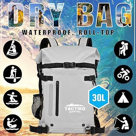 gray dry backpack with roll top and shoulder straps