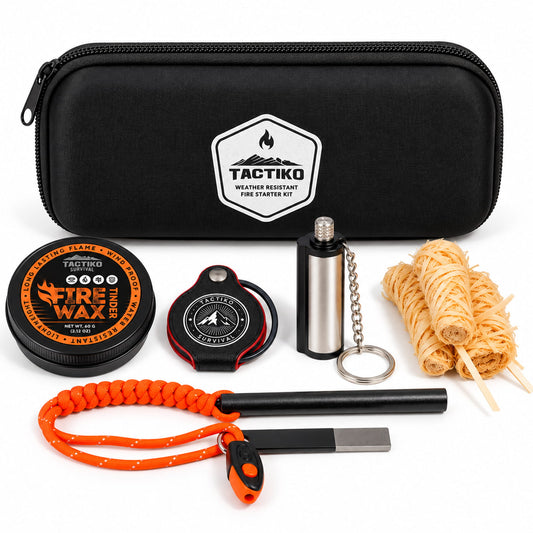 Taktiko Weather Resistant Fire Starter Kit laid out on a white background, including a black zippered case with a Taktiko logo patch, a fire starter tin, compass, metal container with chain, cord, sticks, and a black-and-orange tool.