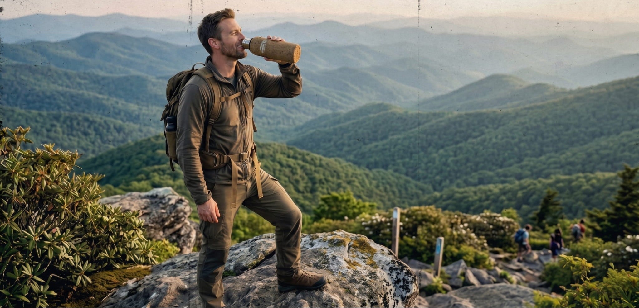A hiker wearing a backpack standing on a mountain peak, drinking from a stainless steel water bottle, with a vast mountain range visible in the background.