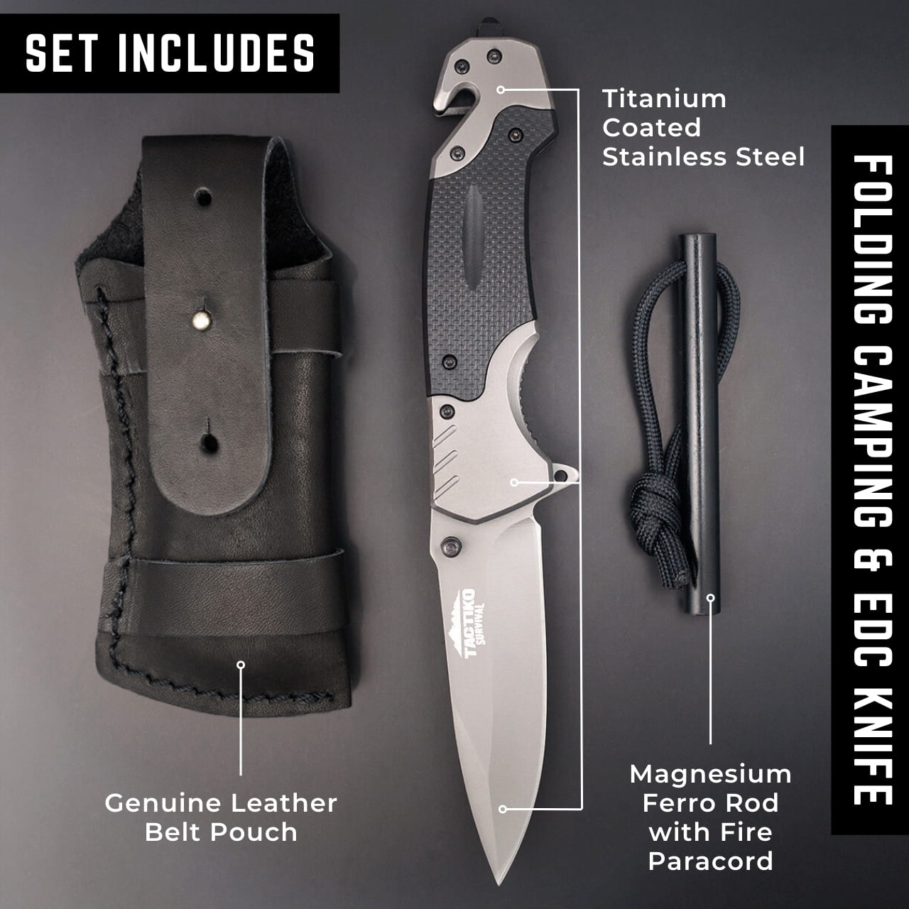 Folding camping knife with fire starter set