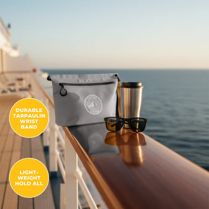Gray waterproof pouch on boat railing