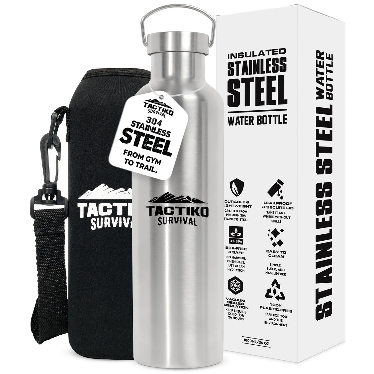 A stainless steel water bottle with a black carrying sleeve and a white retail box, shown on a plain white background. The bottle and sleeve both display the TACTIKO SURVIVAL brand name and logo.