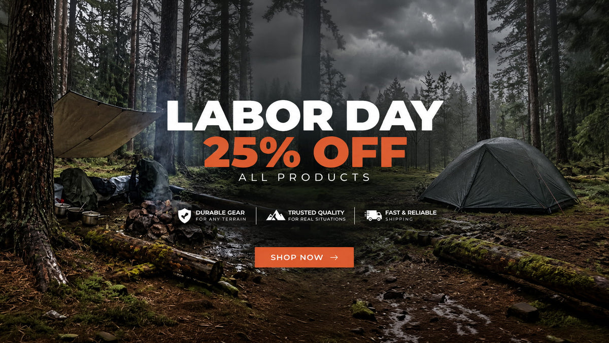 A promotional banner for a camping gear sale, featuring a dark forest campsite with a tent, tarp, and logs. Large text reads 'LABOR DAY 25% OFF ALL PRODUCTS' with an orange 'SHOP NOW' button.