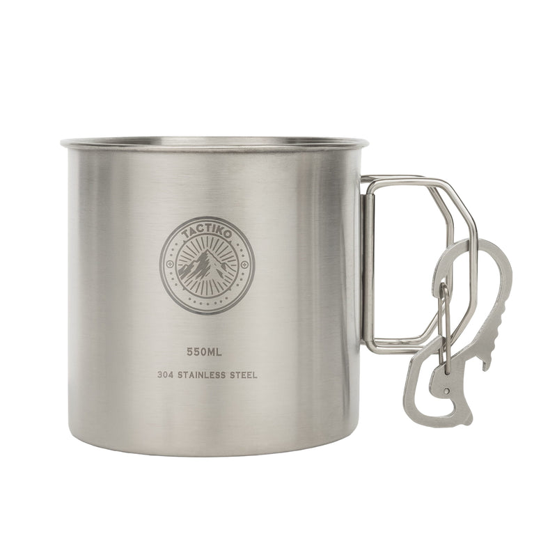 Tactiko Survival 550ml stainless steel camping mug featuring the brand logo, a foldable wire handle, and a metal carabiner clipped to the side, set against a plain white background.