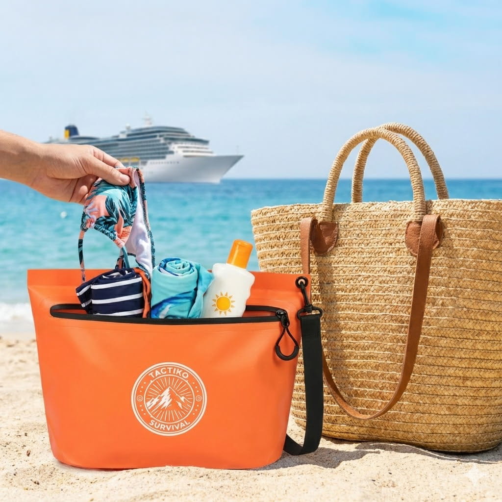 Orange waterproof beach pouch with essentials
