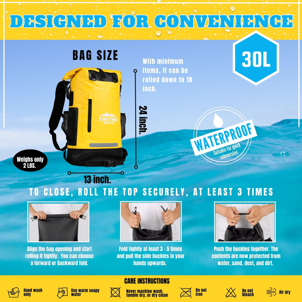 Yellow backpack with waterproof features and usage instructions on a blue water background
