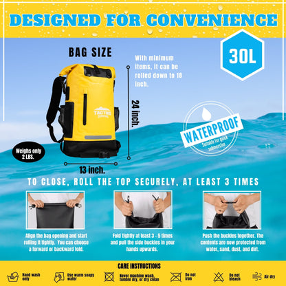 Yellow backpack with waterproof features and usage instructions on a blue water background