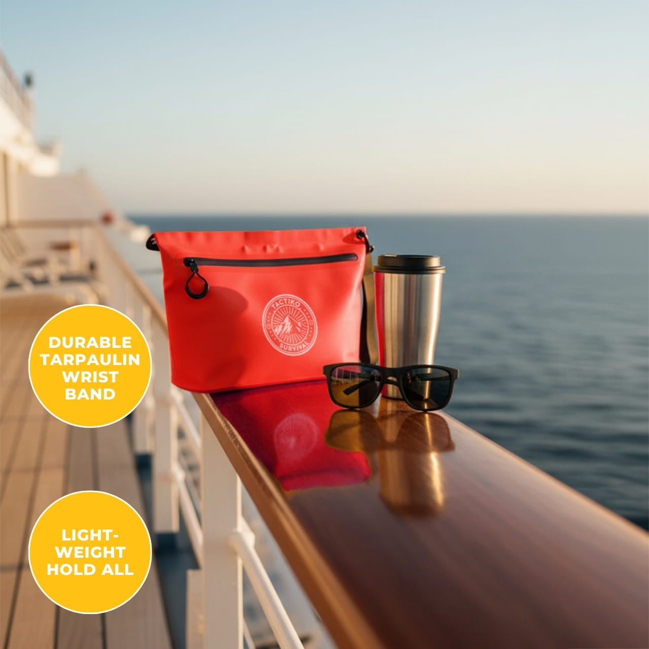 Promotional graphic for a red Tactiko Survival waterproof pouch sitting on a cruise ship railing, featuring yellow circular callouts for 'Durable Tarpaulin Wrist Band' and 'Lightweight Hold All,' with a travel tumbler and sunglasses nearby.