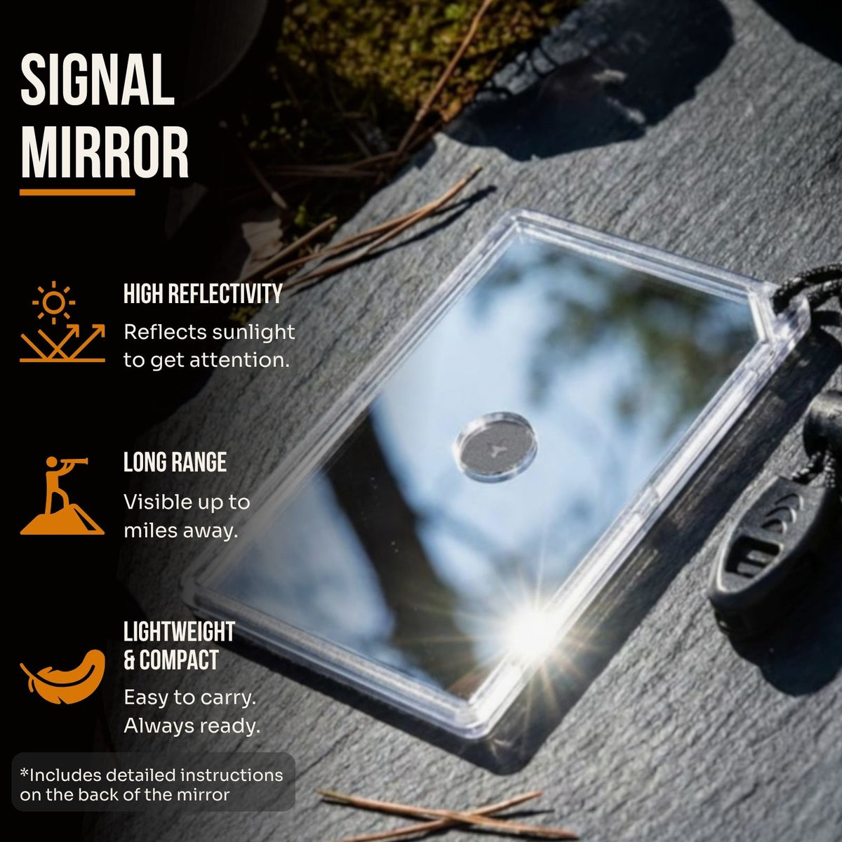 A clear rectangular signal mirror with a silver reflective surface, shown on a gray stone surface outdoors. The image includes marketing text and icons highlighting high reflectivity, long range, and lightweight compact design.