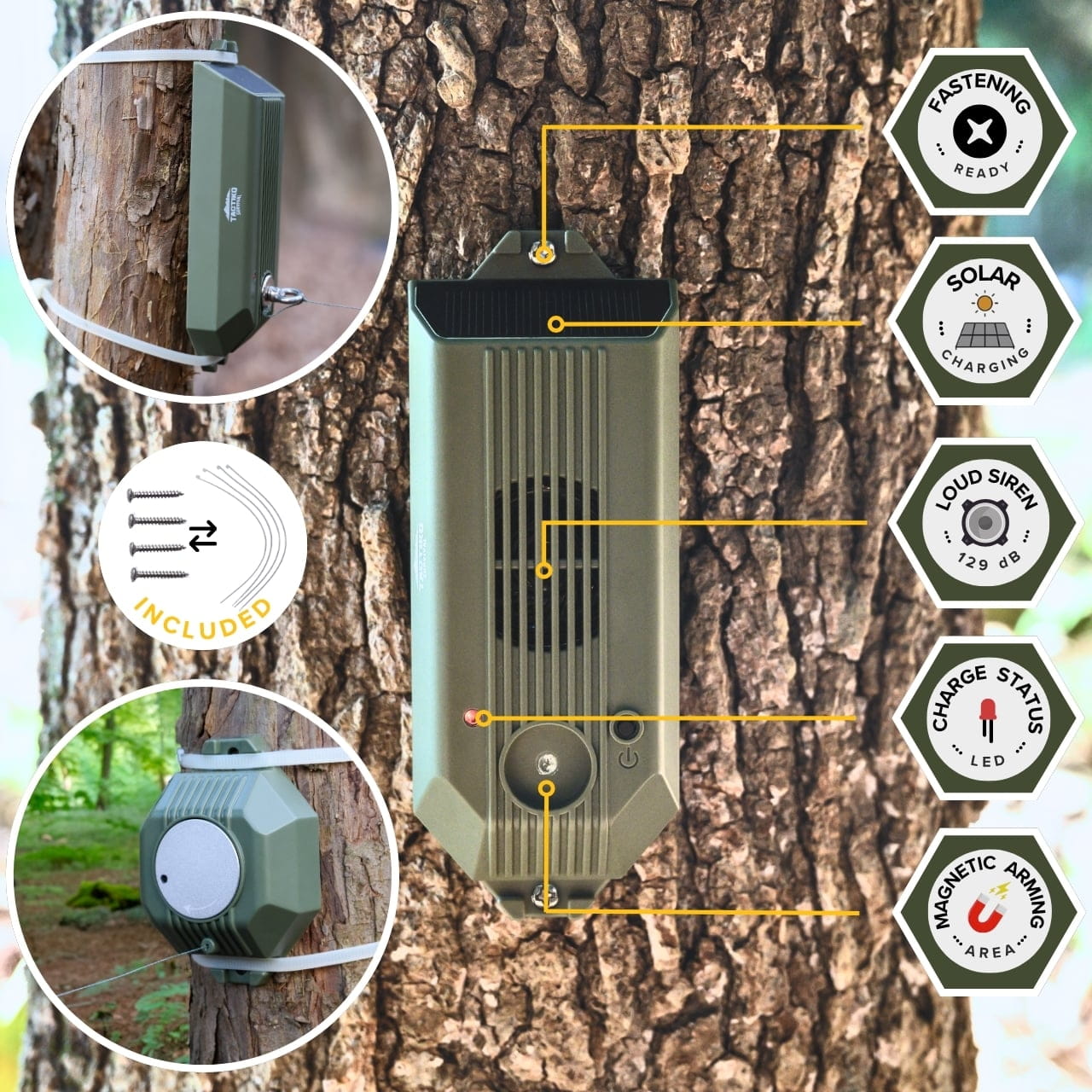Solar trip wire alarm mounted on tree with features