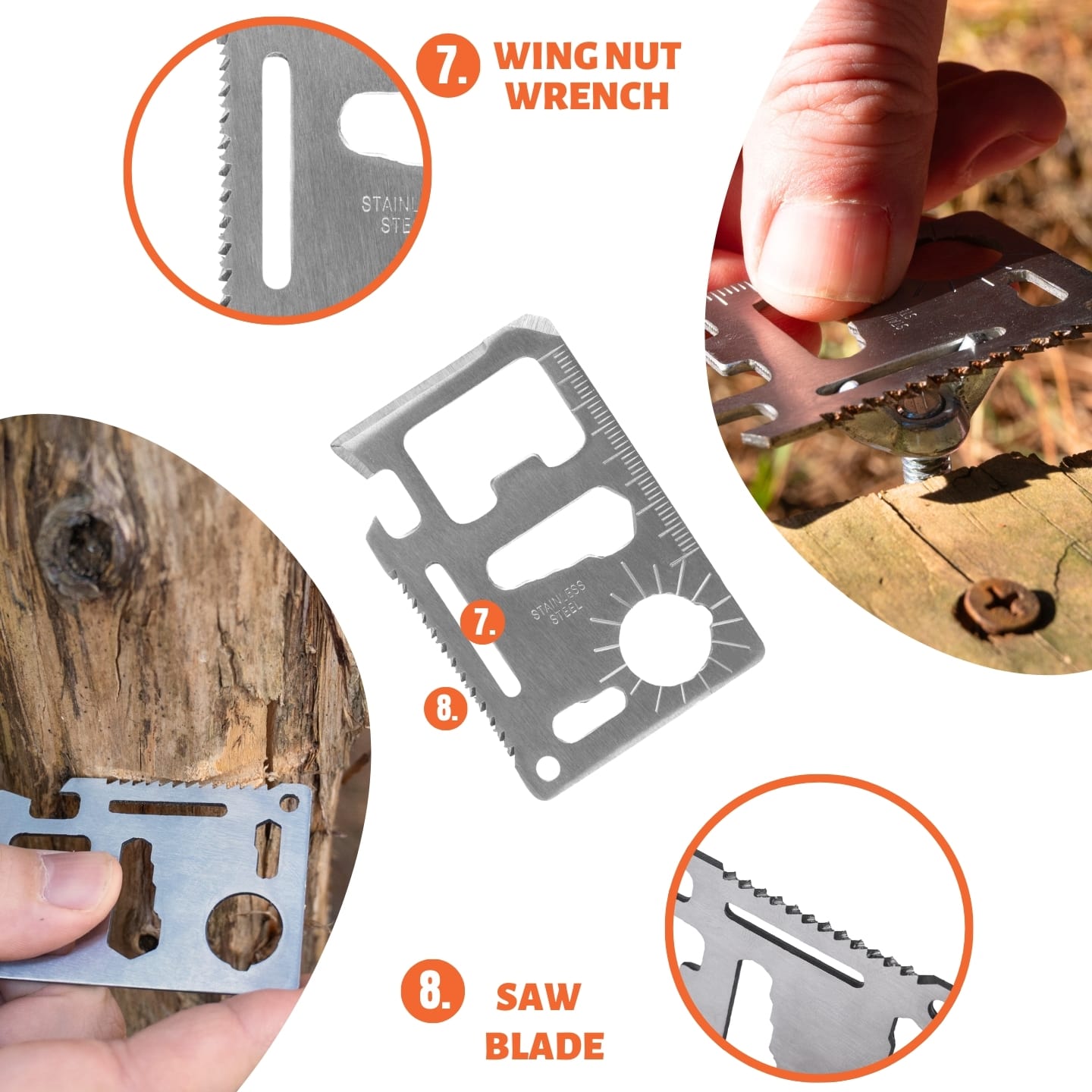 Multitool card with saw blade and wrench