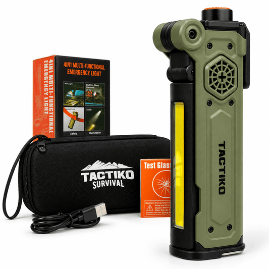 Taktiko Survival multi-functional emergency light device in olive green and black, shown with its black zippered carrying case, USB charging cable, orange emergency light box, and a clear test glass on a white background.