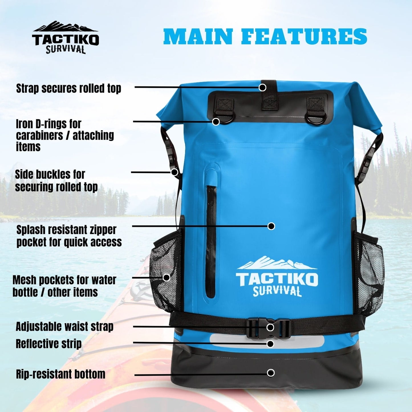 Blue Tactiko waterproof backpack feature overview