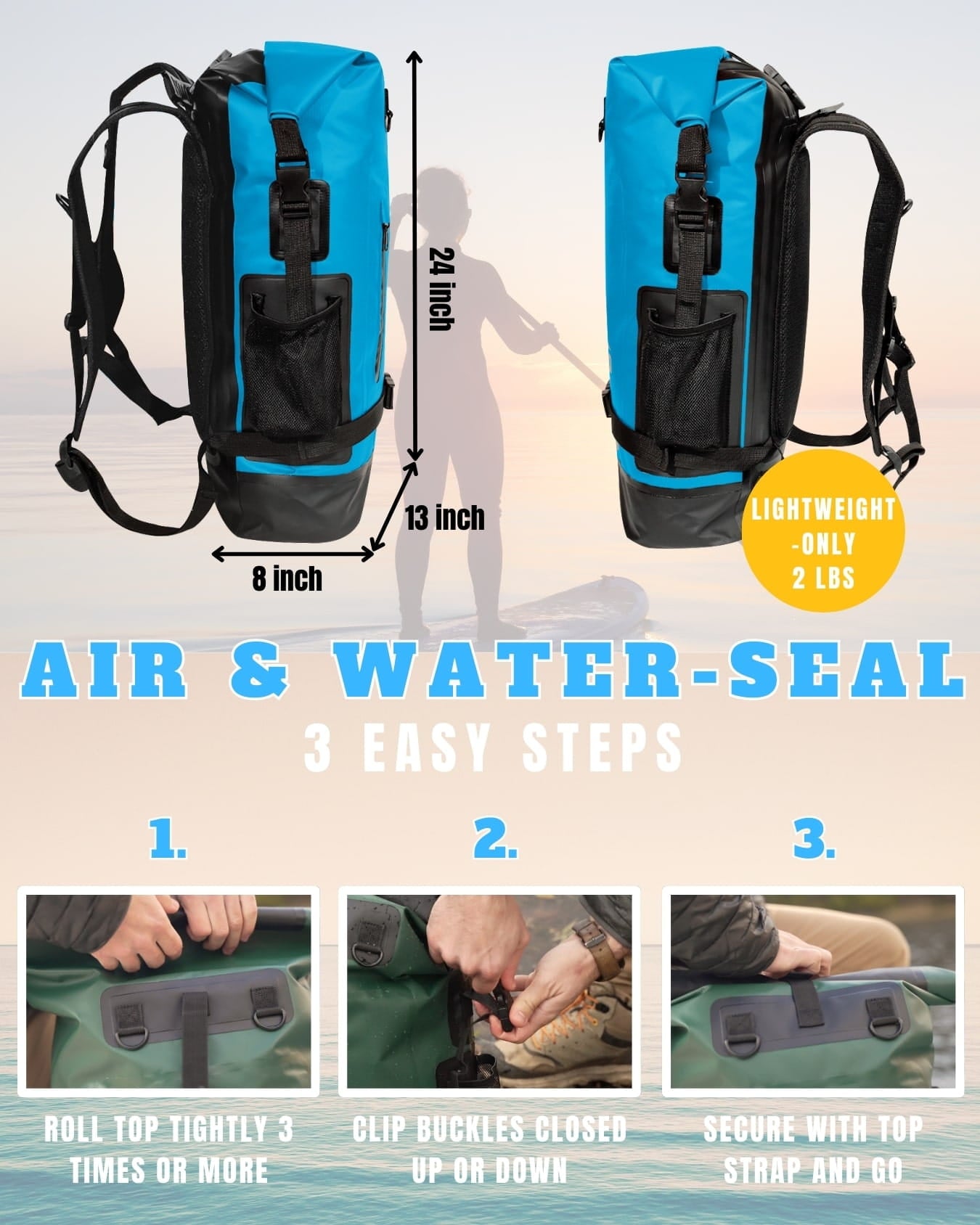 Blue Tactiko dry backpack size and sealing guide