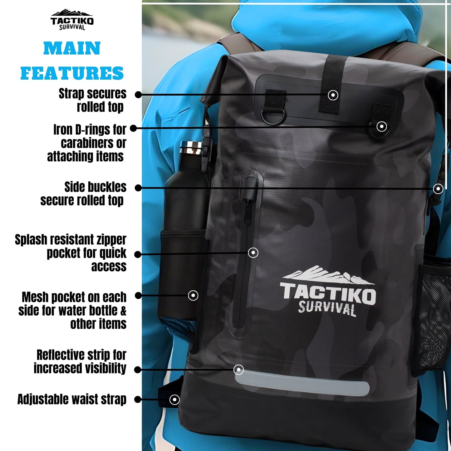 Camo Tactiko dry bag backpack feature overview