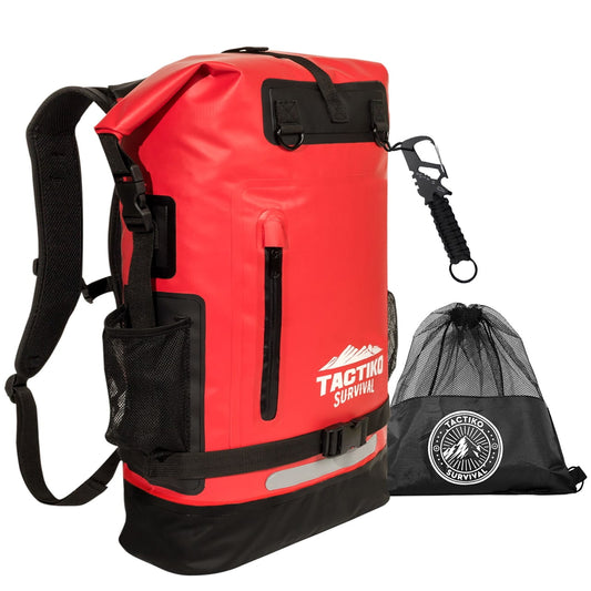 Red Tactiko waterproof dry backpack with storage pouch