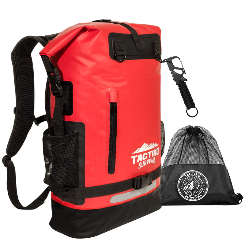 Red Tactiko waterproof dry backpack with storage pouch
