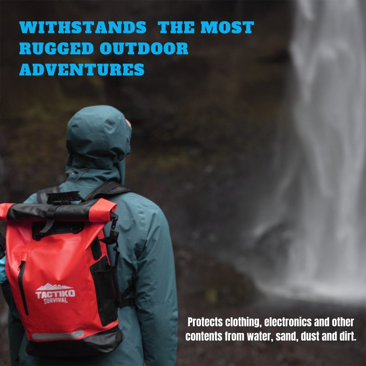 Red Tactiko dry backpack at waterfall trail