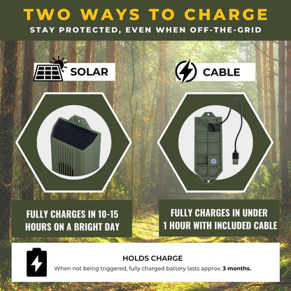 Trip wire alarm with solar and cable charging modes