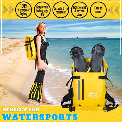 Yellow Tactiko dry backpack for watersports and beach use