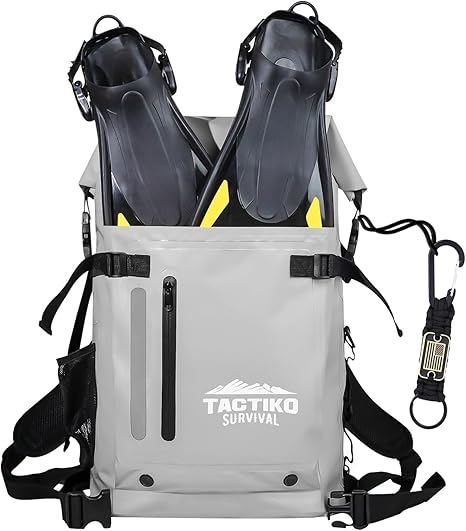 grey dry bag backpack with carabiner and pocket for snorkel