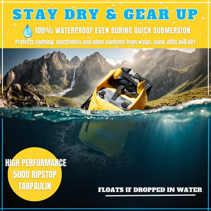Product advertisement with a yellow waterproof bag submerged in water, mountainous landscape in the background.