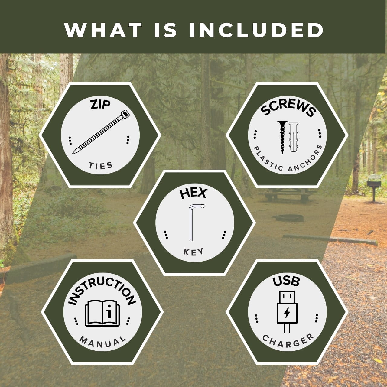 Trip wire alarm accessories including screws zip ties and USB charger