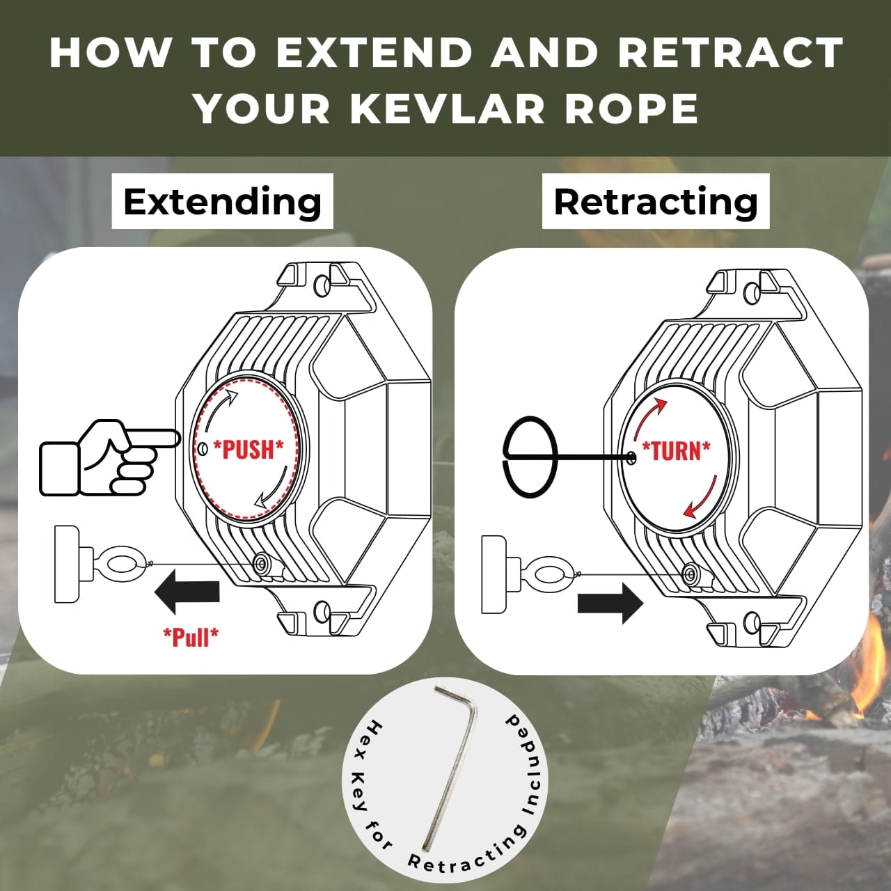 Trip wire alarm kevlar rope extend and retract instructions