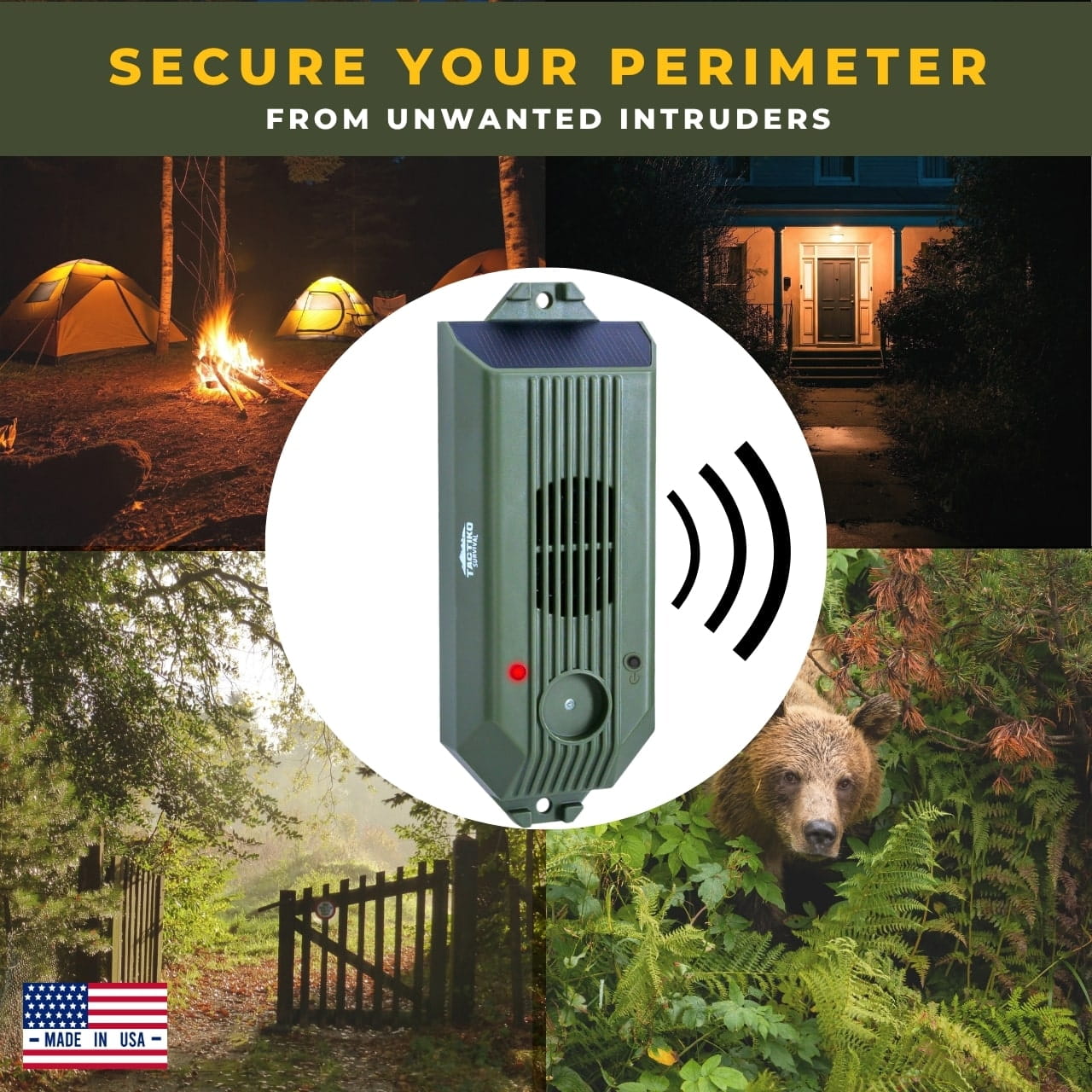 Outdoor trip wire alarm protecting campsite and home perimeter