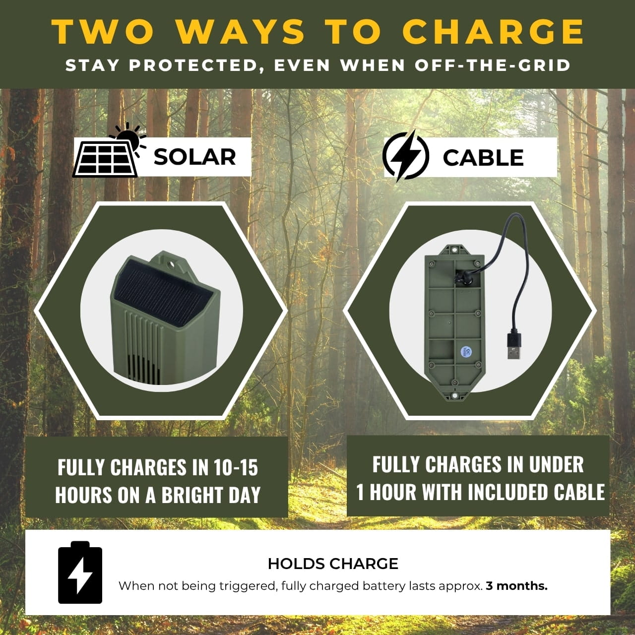 Trip wire alarm with solar and cable charging options