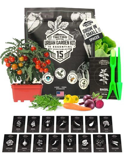 urban garden kit with vegetable seeds and tools