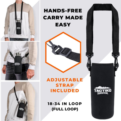 water bottle with black strap carrier