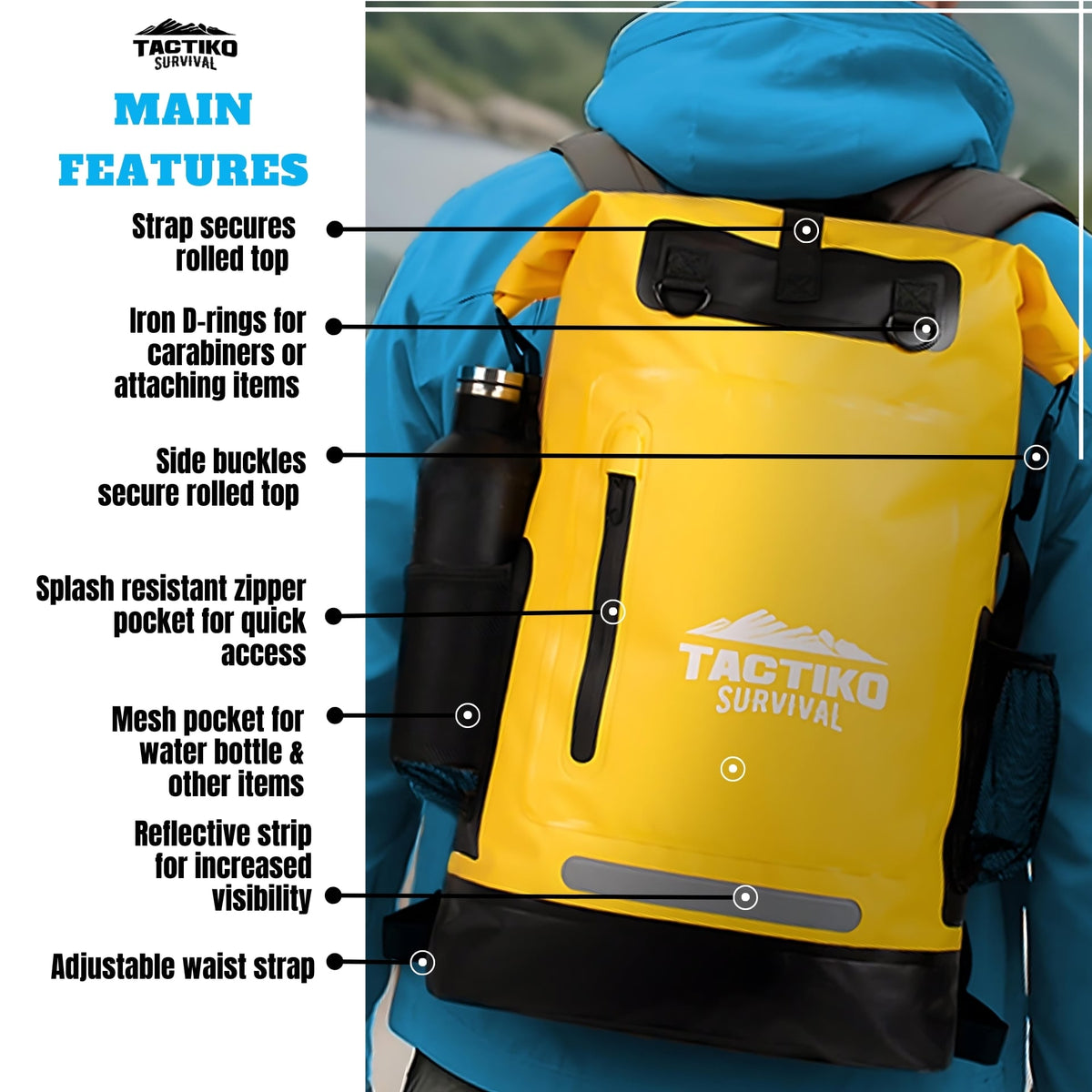 Yellow backpack with Tactiko Survival branding, features highlighted on the left.