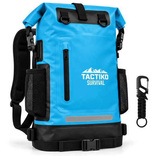 A bright blue waterproof roll-top backpack with black trim, side mesh pockets, a front zip pocket, and a white TACTIKO SURVIVAL logo on the front. A black carabiner and paracord keychain accessory is shown to the right on a clean white background.