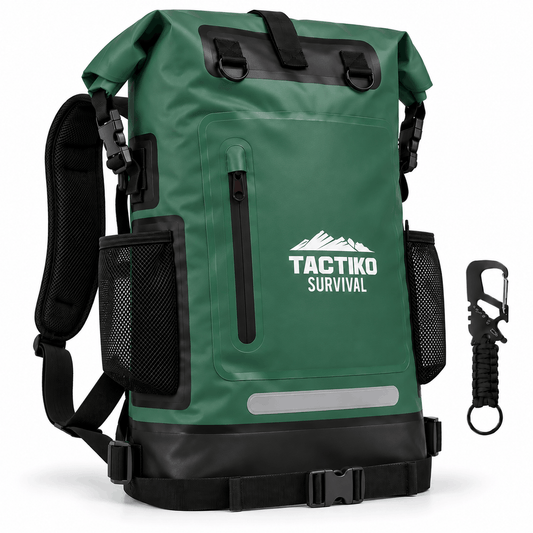 A green and black tactical roll-top backpack with 'TACTIKO SURVIVAL' printed in white on the front, shown on a white background with a black carabiner accessory hanging to the right.