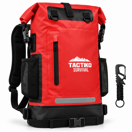 A red and black roll-top backpack with side mesh pockets and a white TACTIKO SURVIVAL logo on the front, shown on a white background with a black carabiner accessory hanging to the right.