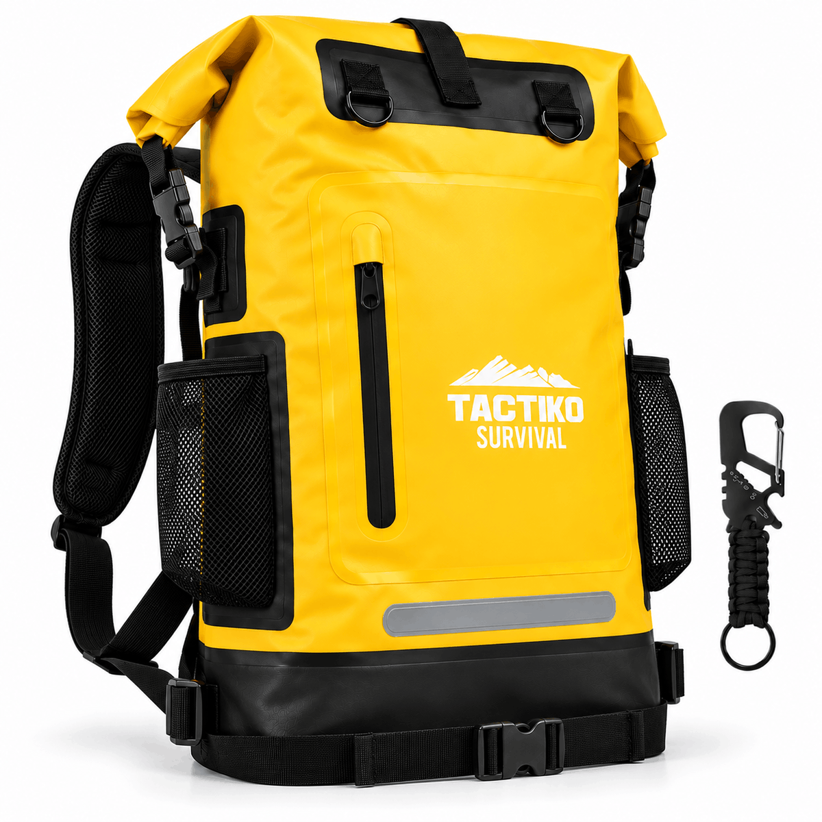 A bright yellow and black roll-top backpack with side mesh pockets, a front zip pocket, and a reflective strip, shown on a white background with a black carabiner accessory to the right. The front features the brand name 'TACTIKO SURVIVAL'.