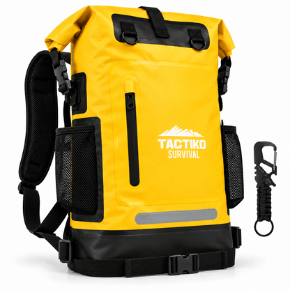 A bright yellow and black roll-top backpack with side mesh pockets, a front zip pocket, and a reflective strip, shown on a white background with a black carabiner accessory to the right. The front features the brand name 'TACTIKO SURVIVAL'.