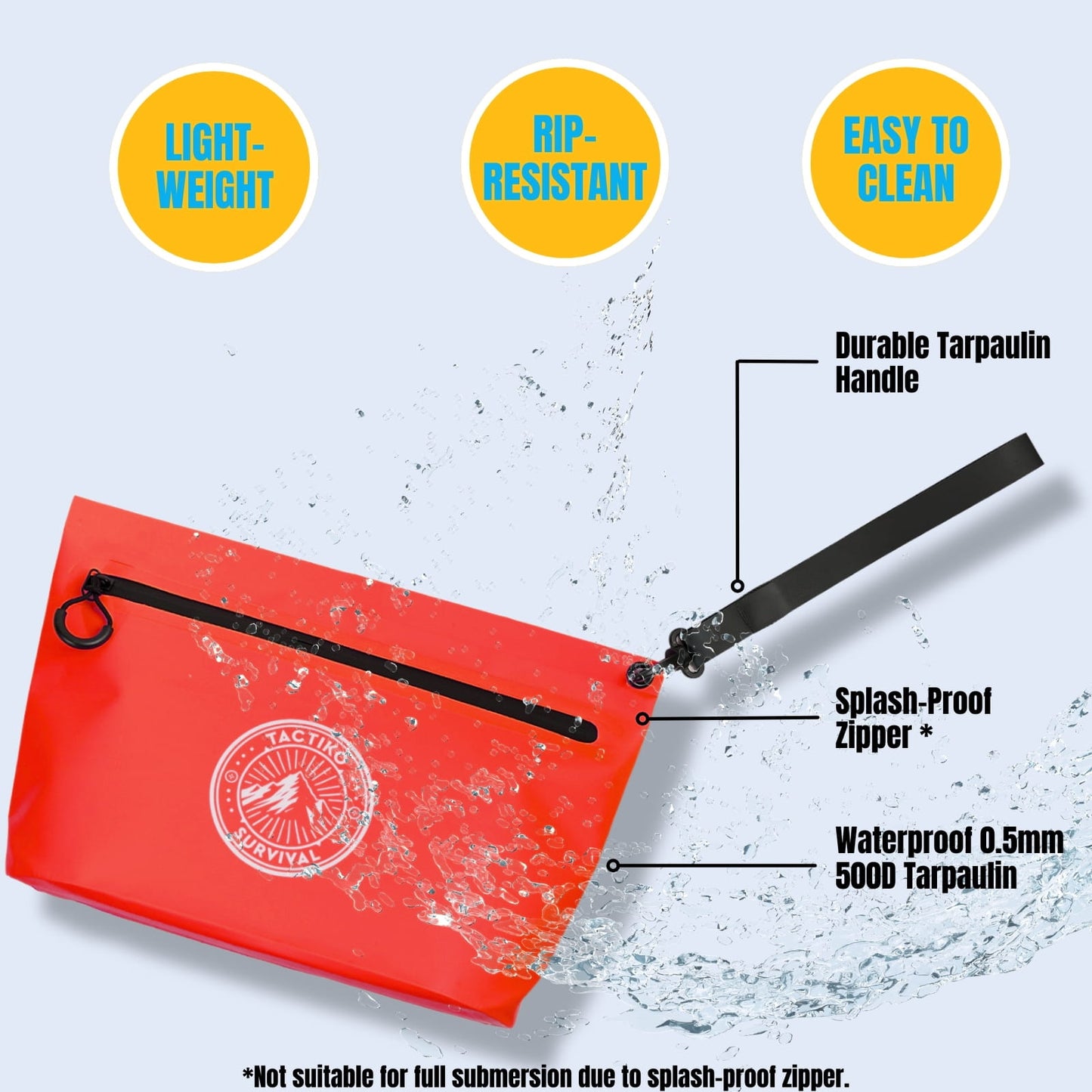 Product features graphic for a red Tactiko Survival waterproof pouch, highlighting 'Lightweight,' 'Rip-Resistant,' and 'Easy to Clean' qualities, with callouts for the durable tarpaulin handle, splash-proof zipper, and waterproof 0.5mm 500D tarpaulin material.