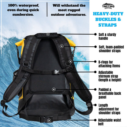 Black backpack with features highlighted on a blue background