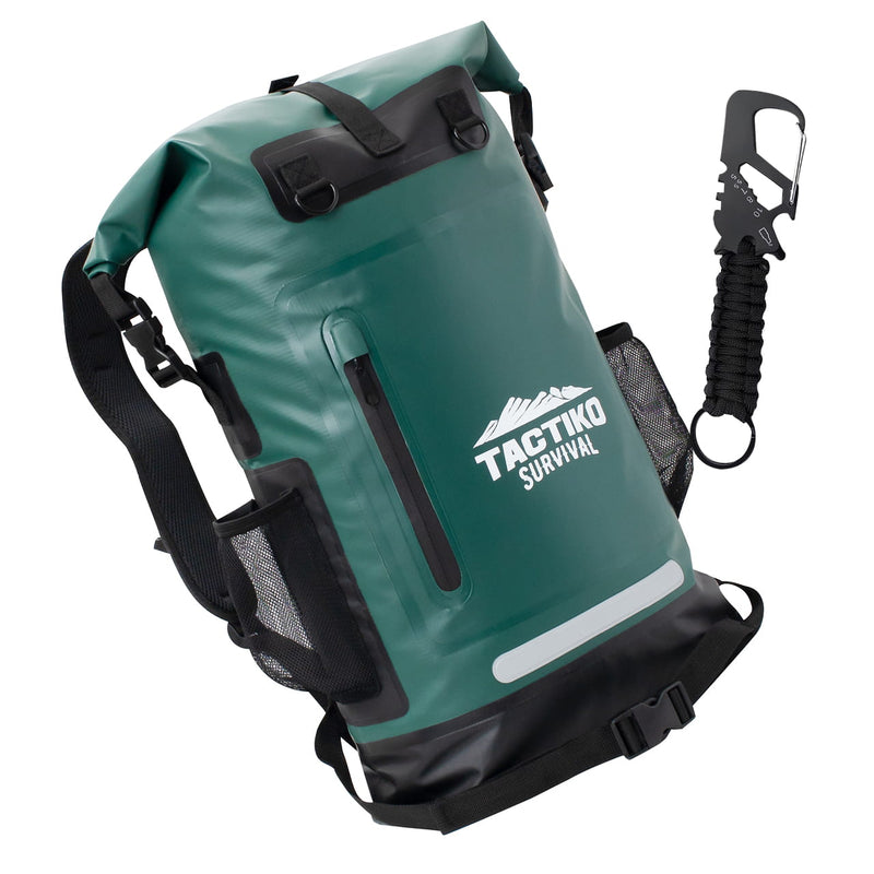 green waterproof dry bag backpack with survival tool